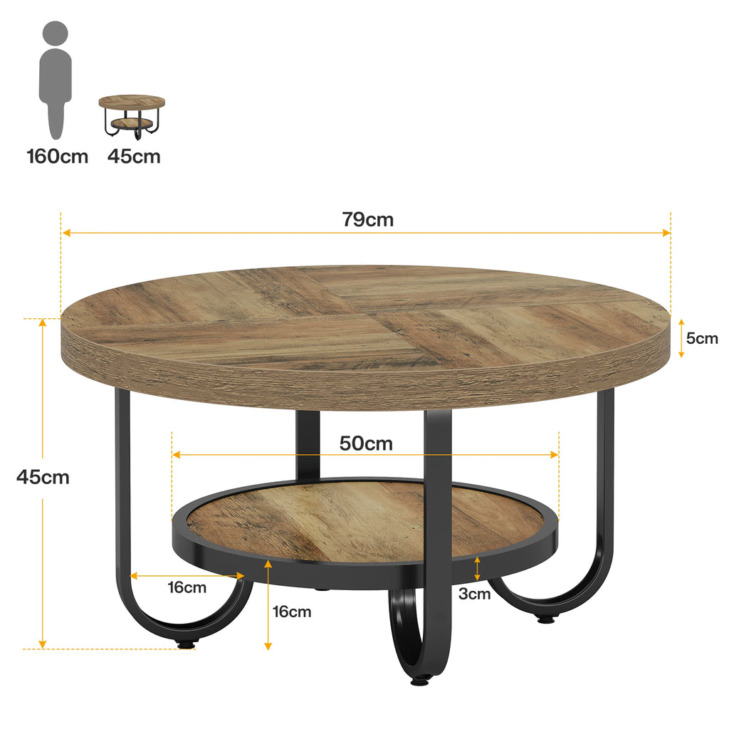 Table basse ronde 2 niveaux avec étagère de rangement – 79 cm, pieds métal courbés, salon