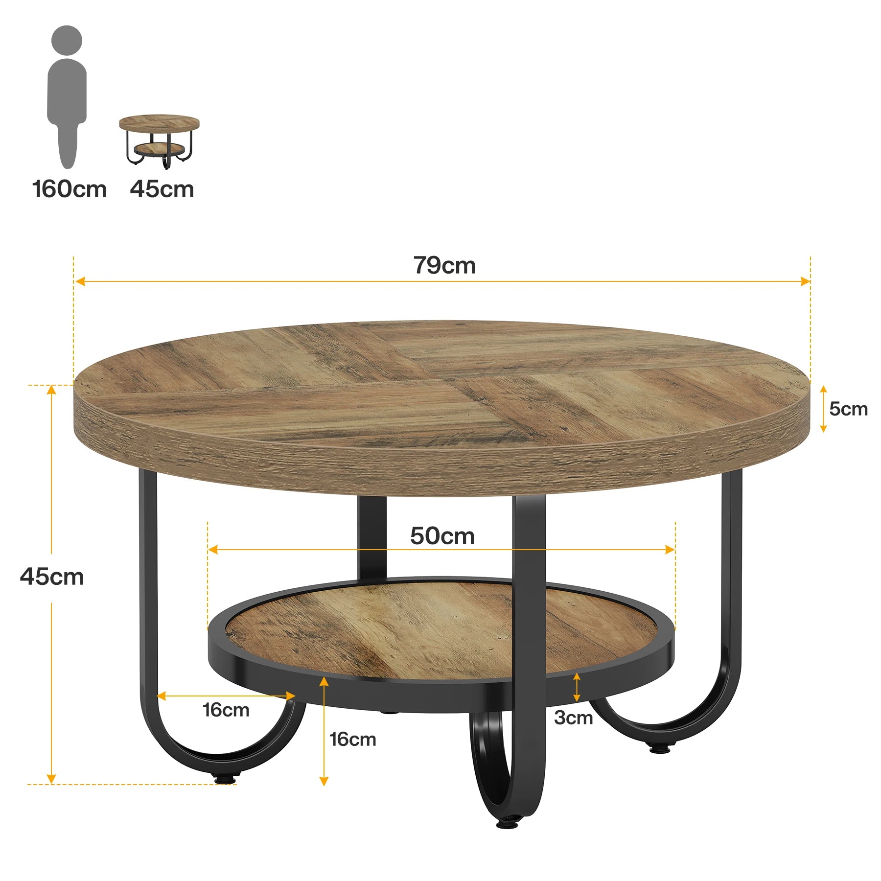 Table basse ronde 2 niveaux avec étagère de rangement – 79 cm, pieds métal courbés, salon