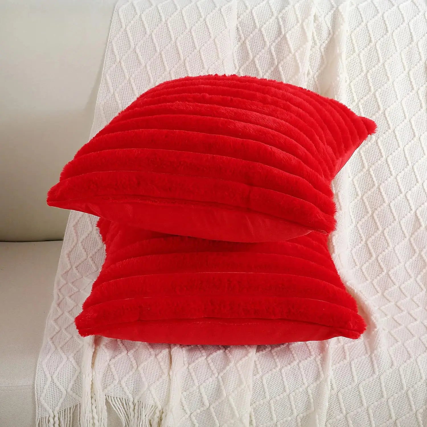 Housse de coussin carrée imitation fourrure de lapin – Rayures épaisses, ultra-douce, décoration canapé 2026