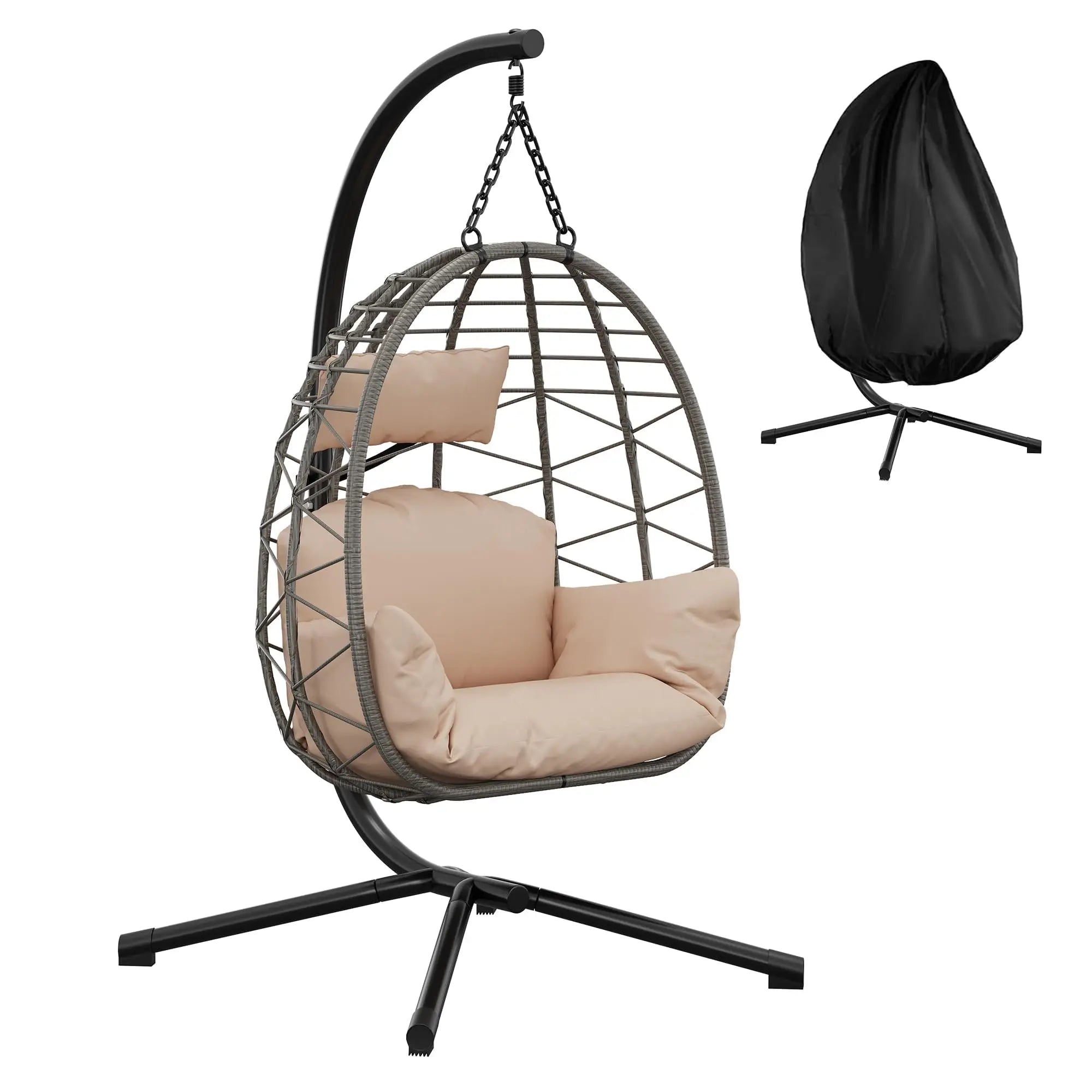 Fauteuil suspendu œuf avec pied, coussin et appui-tête – Hamac lounge intérieur et extérieur avec housse anti-pluie