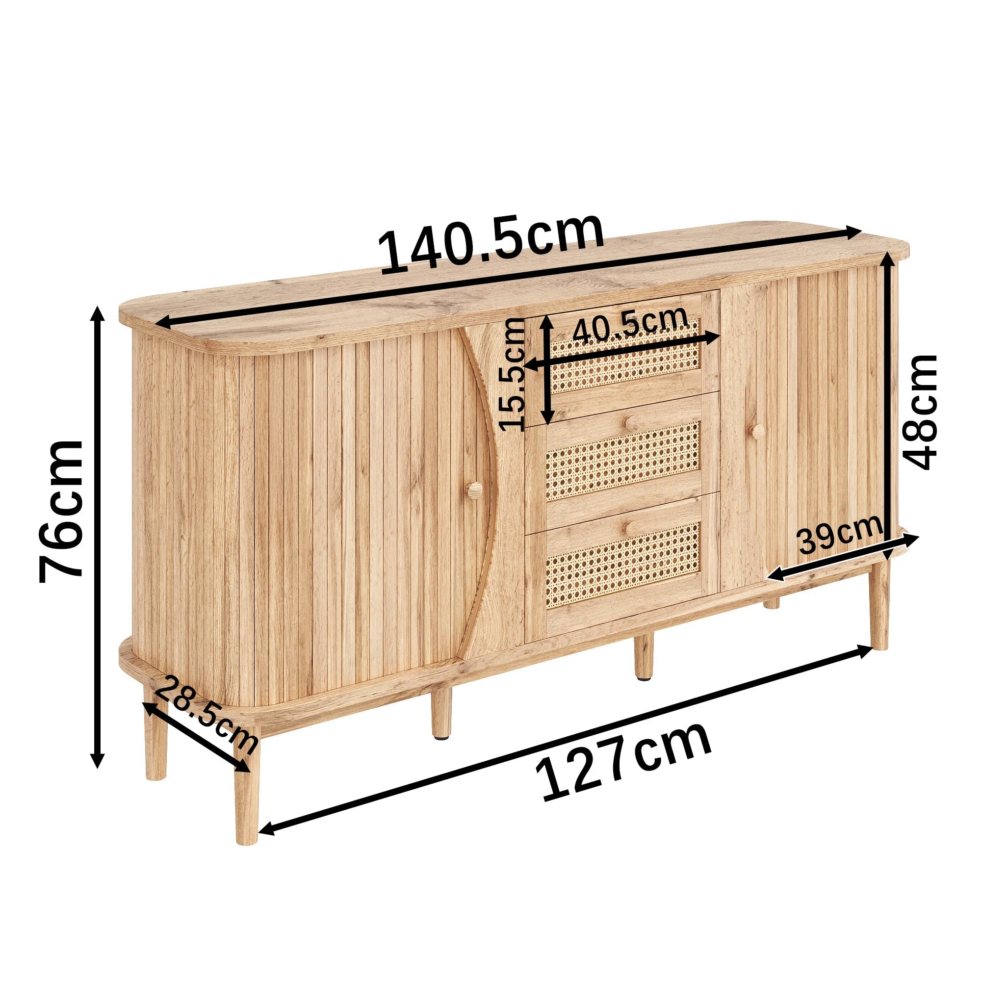 Buffet en rotin avec portes coulissantes – Étagères réglables, plateau arrondi, style naturel