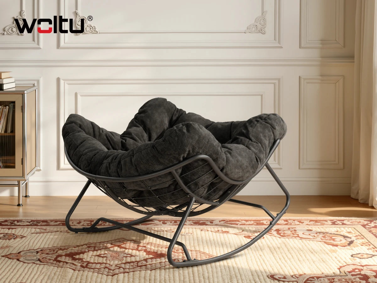 Rocking chair WOLTU forme œuf – Fauteuil à bascule avec coussin chenille, cadre métal, 150 kg, salon et balcon