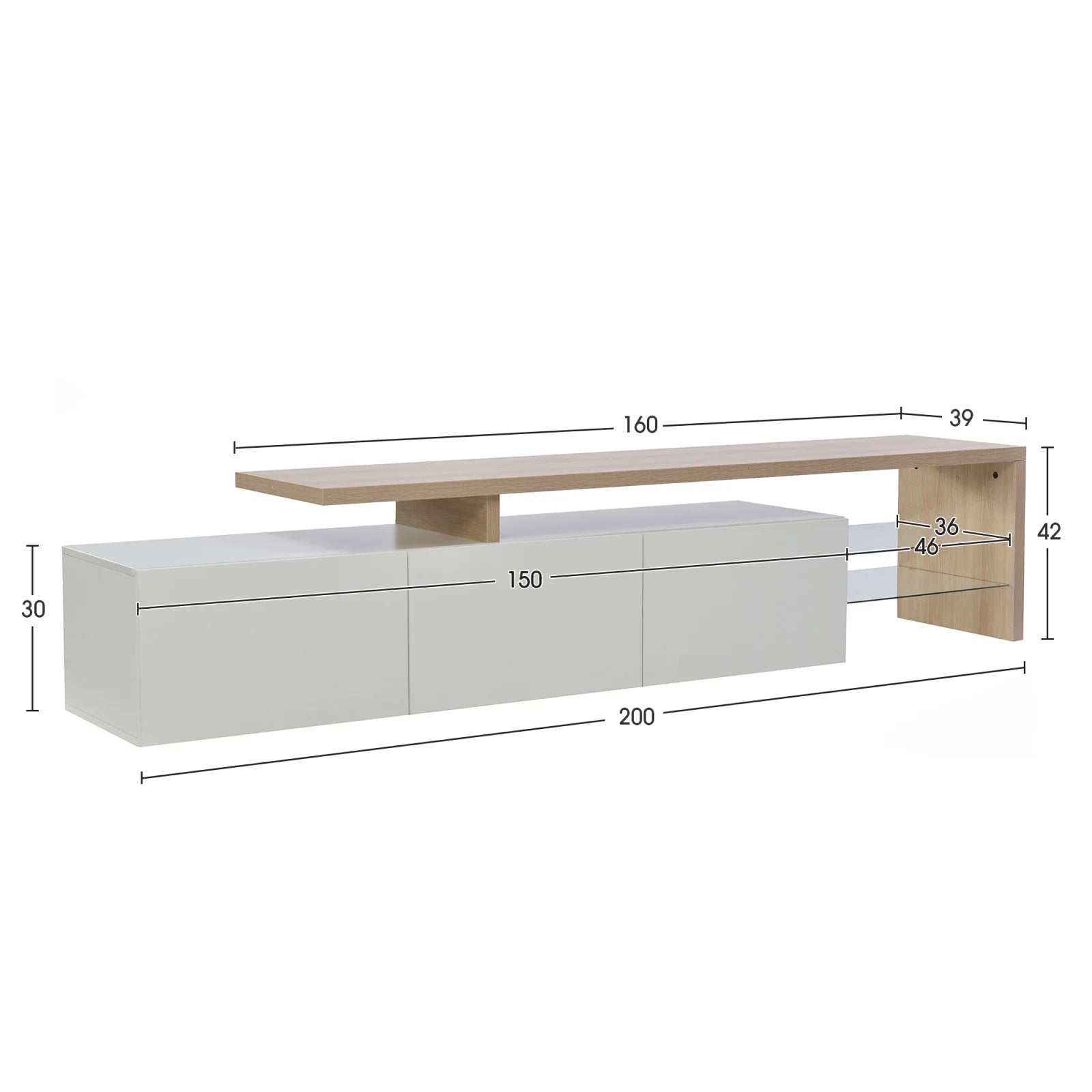 Meuble TV Rosahqnda avec éclairage LED – 2 vitrines, 3 tiroirs, blanc laqué haut brillant