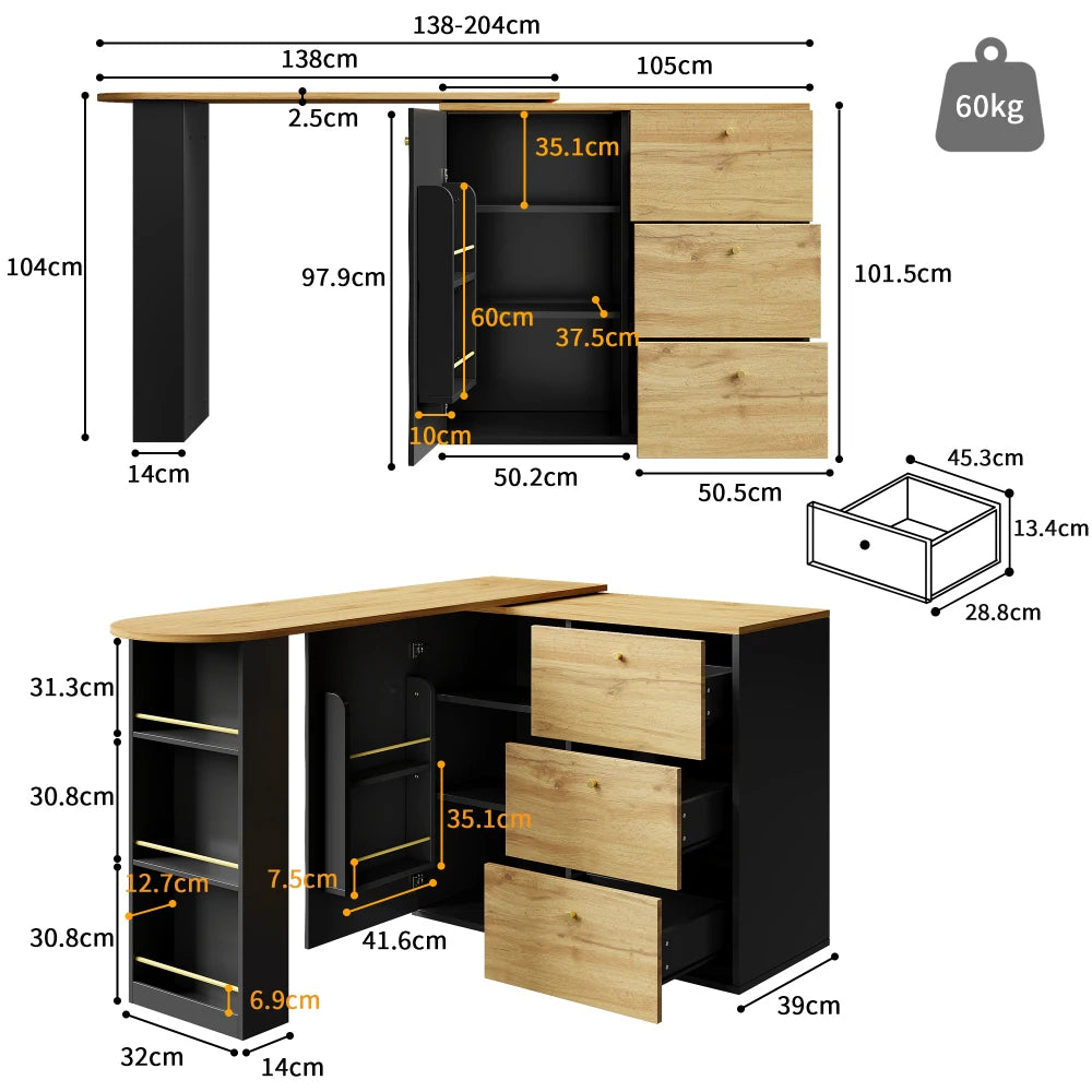 Table bar extensible rotative 138-204 cm – Plateau pivotant 360°, rangement intégré, style bois moderne