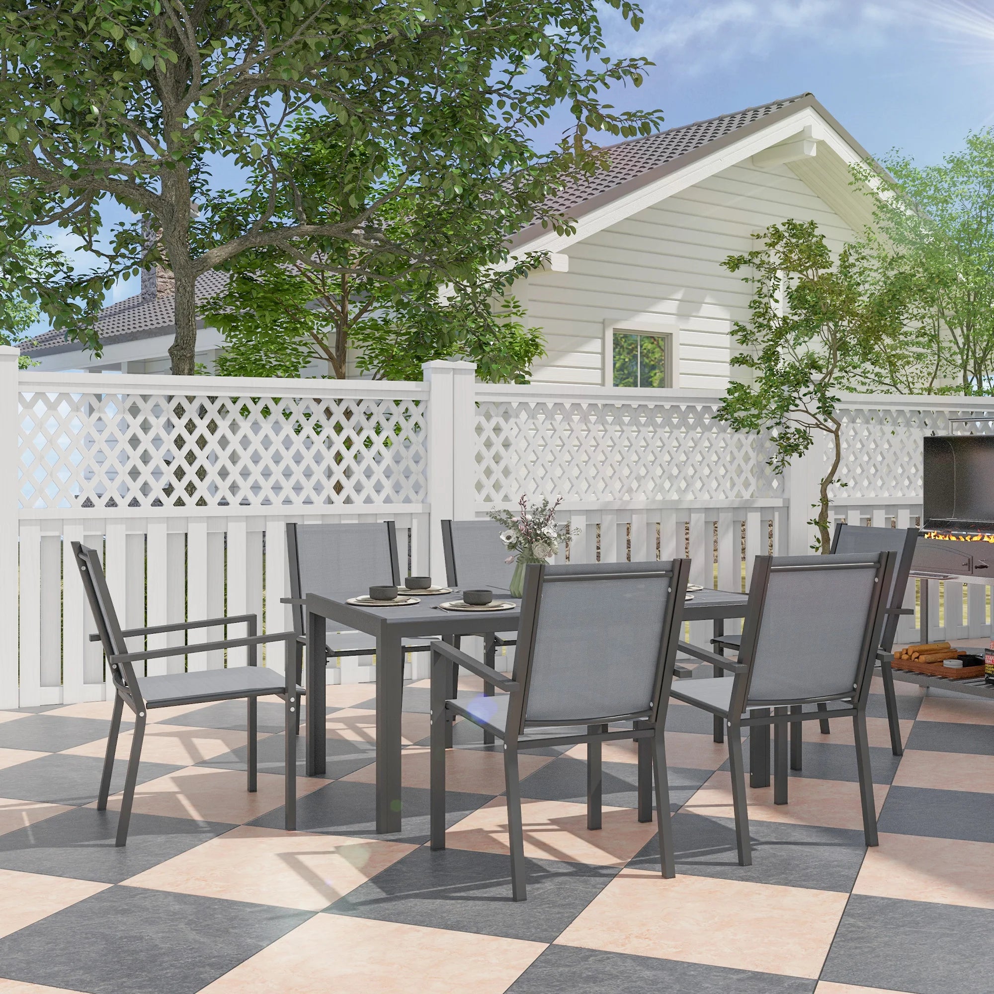 Ensemble table et chaises de jardin Outsunny – Chaises empilables, cadre acier, gris clair, terrasse et patio